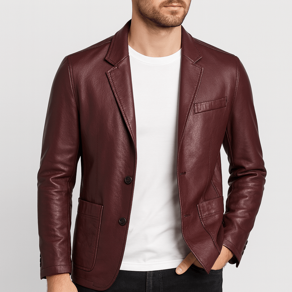 Giacca in pelle da uomo, blazer elegante con collo a revers e due bottoni - capospalla casual - Bordeaux