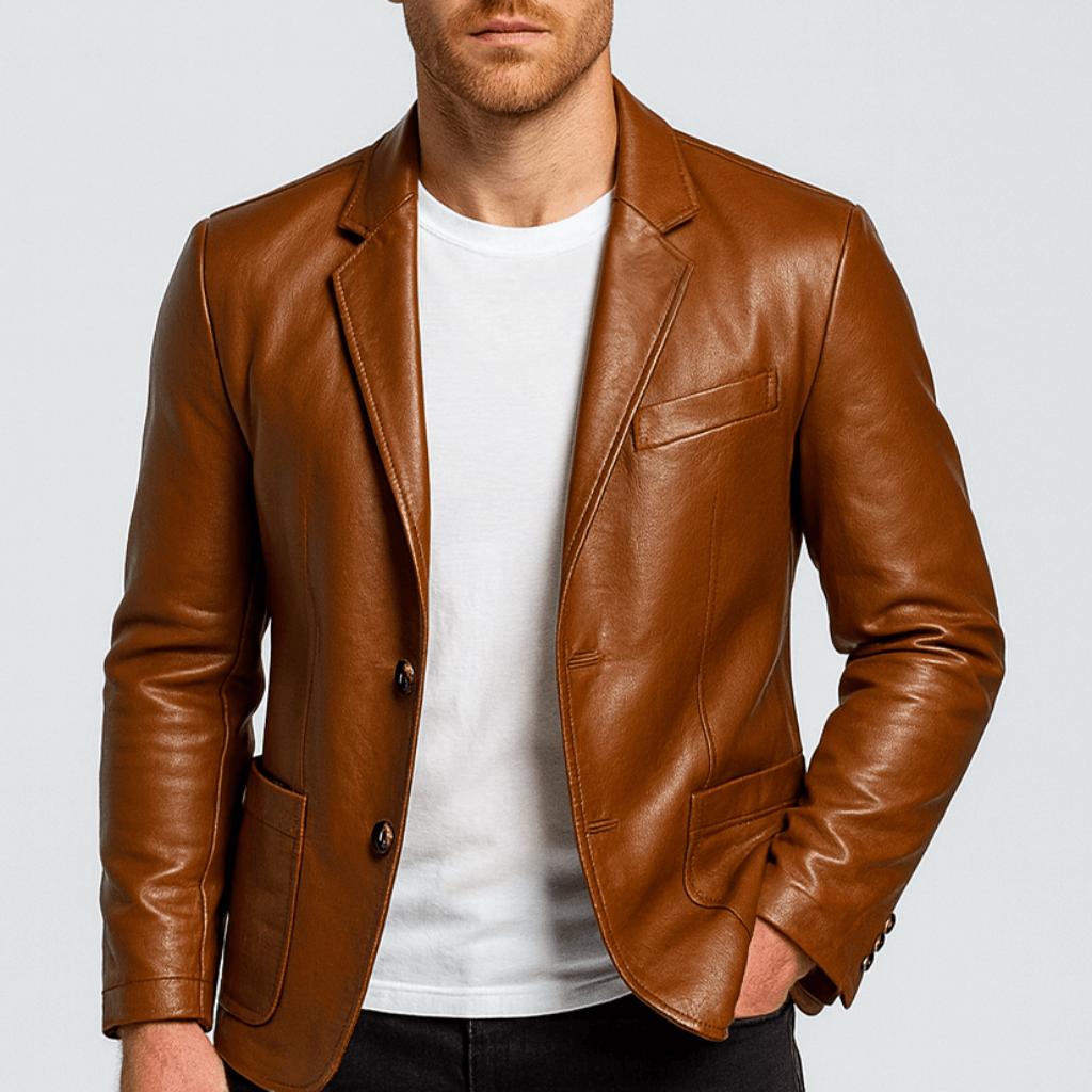 Giacca in pelle da uomo, blazer elegante con collo a revers e due bottoni - capospalla casual - Marrone
