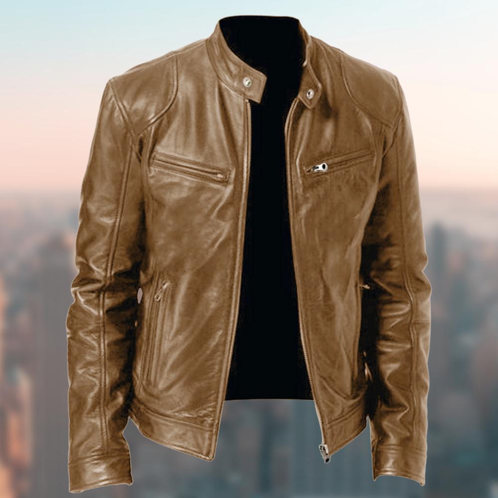 Giacca in pelle da uomo elegante con collo alla coreana, stile biker e casual - giubbotto in pelle - foto 8