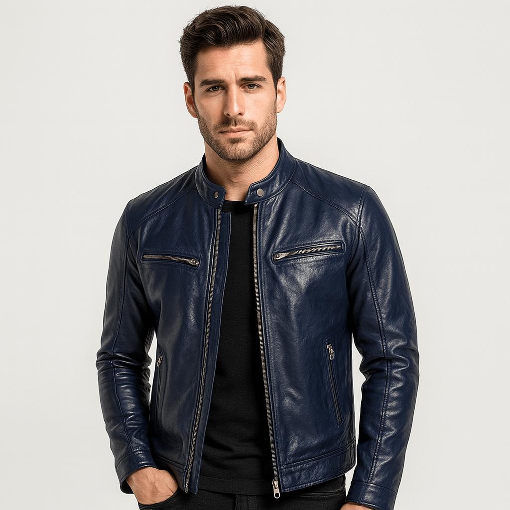 Giacca in pelle da uomo elegante con collo alla coreana, stile biker e casual - giubbotto in pelle - Blu