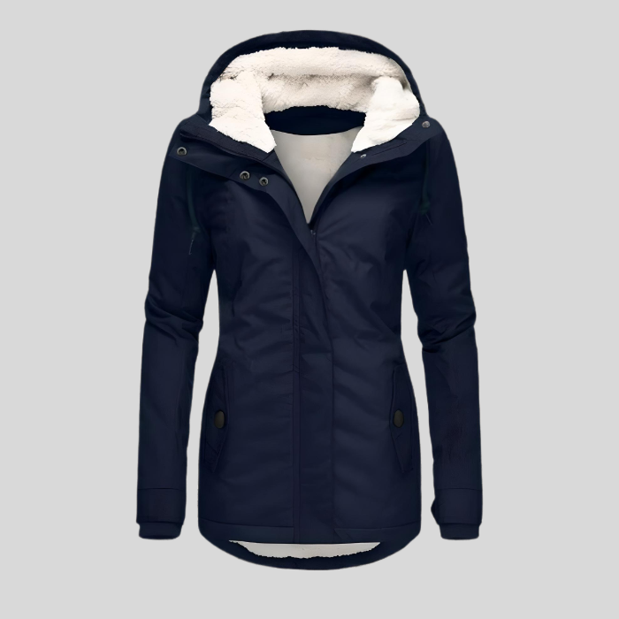 Giacca invernale da donna lunga con cappuccio e fodera calda in pile, casual - Blu marino