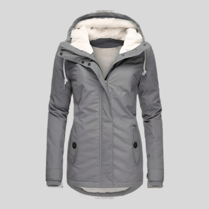 Giacca invernale da donna lunga con cappuccio e fodera calda in pile, casual - Grigio
