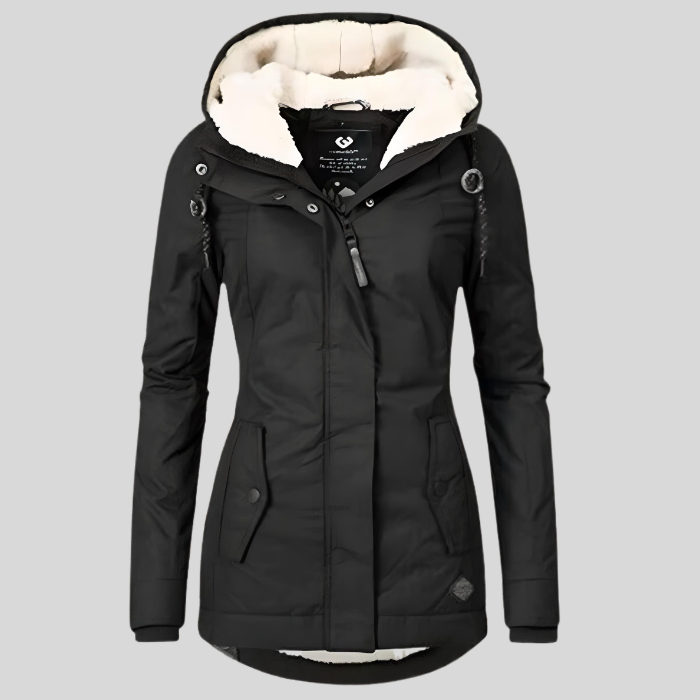 Giacca invernale da donna lunga con cappuccio e fodera calda in pile, casual - Nero