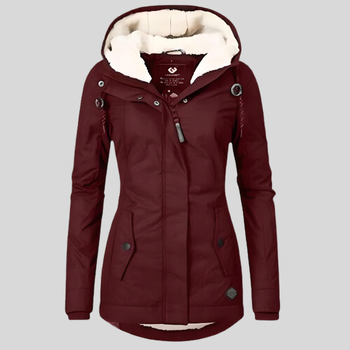 Giacca invernale da donna lunga con cappuccio e fodera calda in pile, casual - Rosso vino