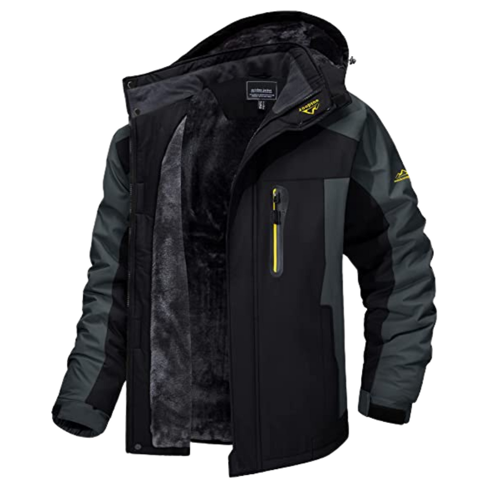 Giacca invernale da uomo outdoor con cappuccio e interno in pile, antivento per trekking - Nero