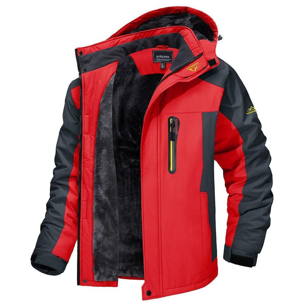Giacca invernale da uomo outdoor con cappuccio e interno in pile, antivento per trekking - Rosso