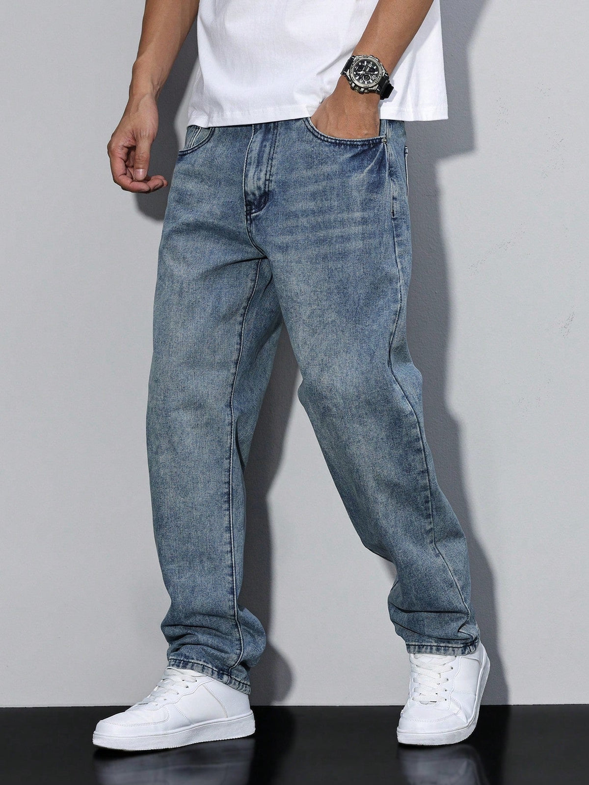 Jeans baggy da uomo larghi a gamba dritta con effetto washed, casual streetwear - Blu reale