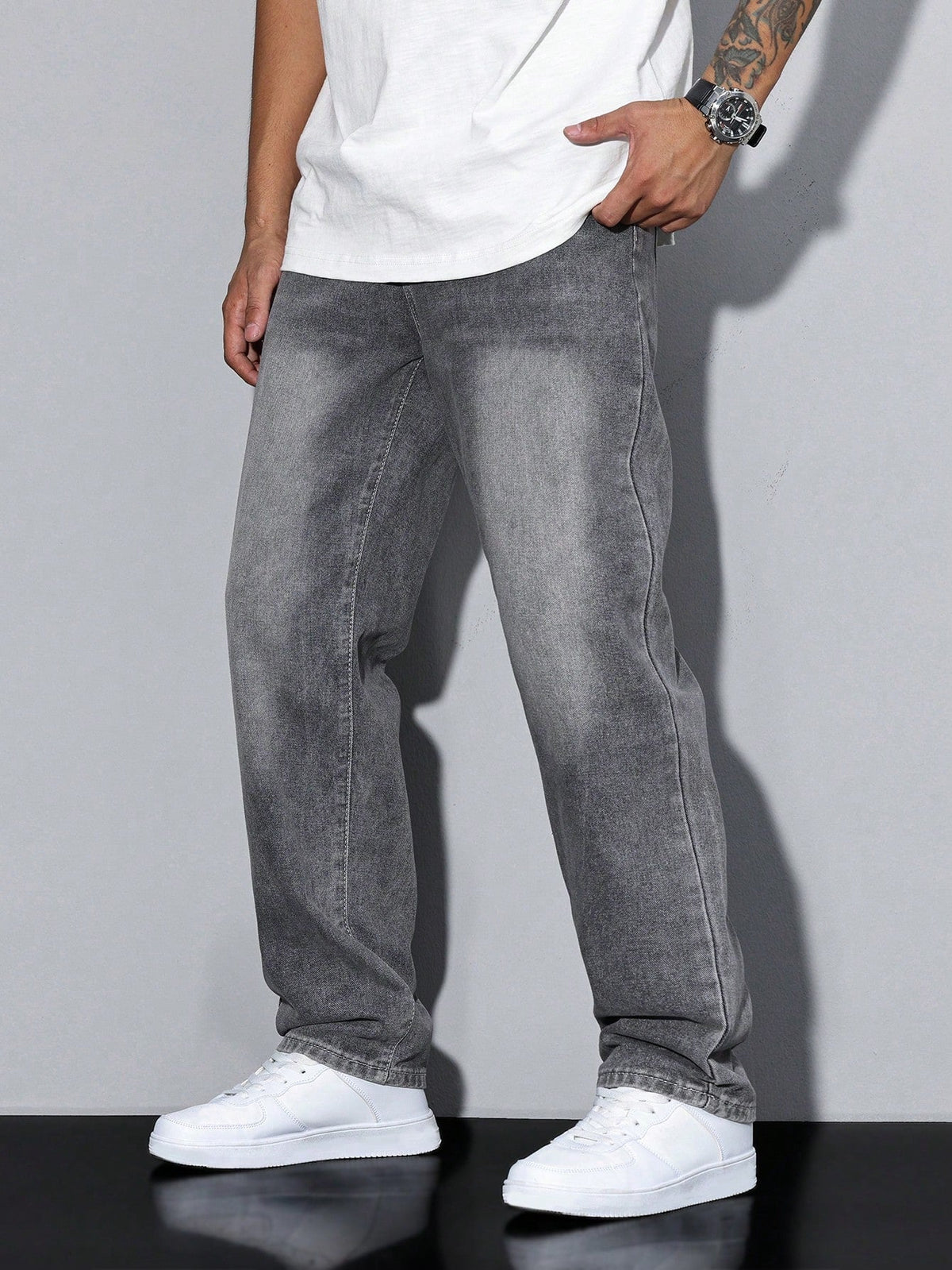 Jeans baggy da uomo larghi a gamba dritta con effetto washed, casual streetwear - Grigio