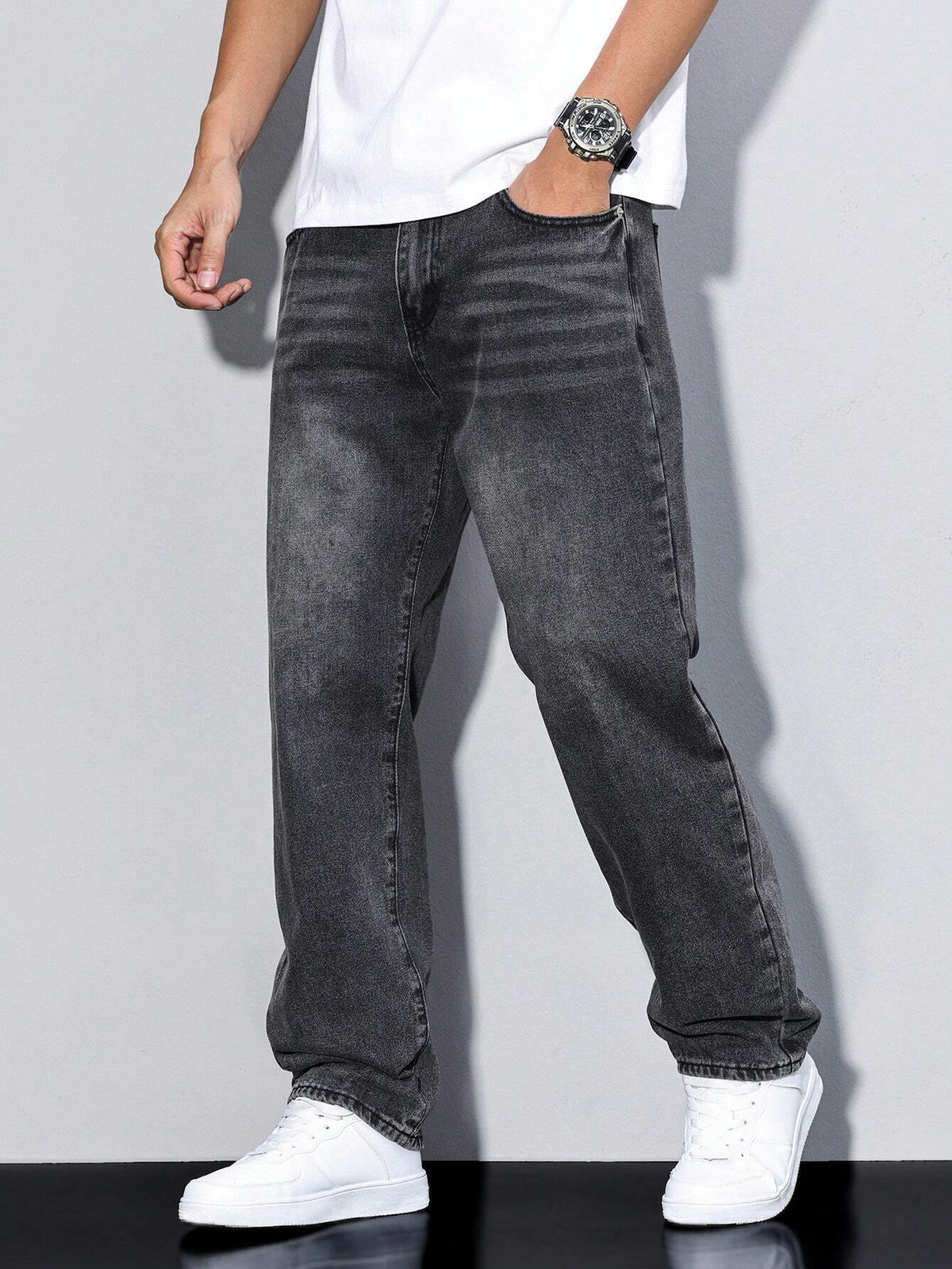 Jeans baggy da uomo larghi a gamba dritta con effetto washed, casual streetwear - Grigio scuro