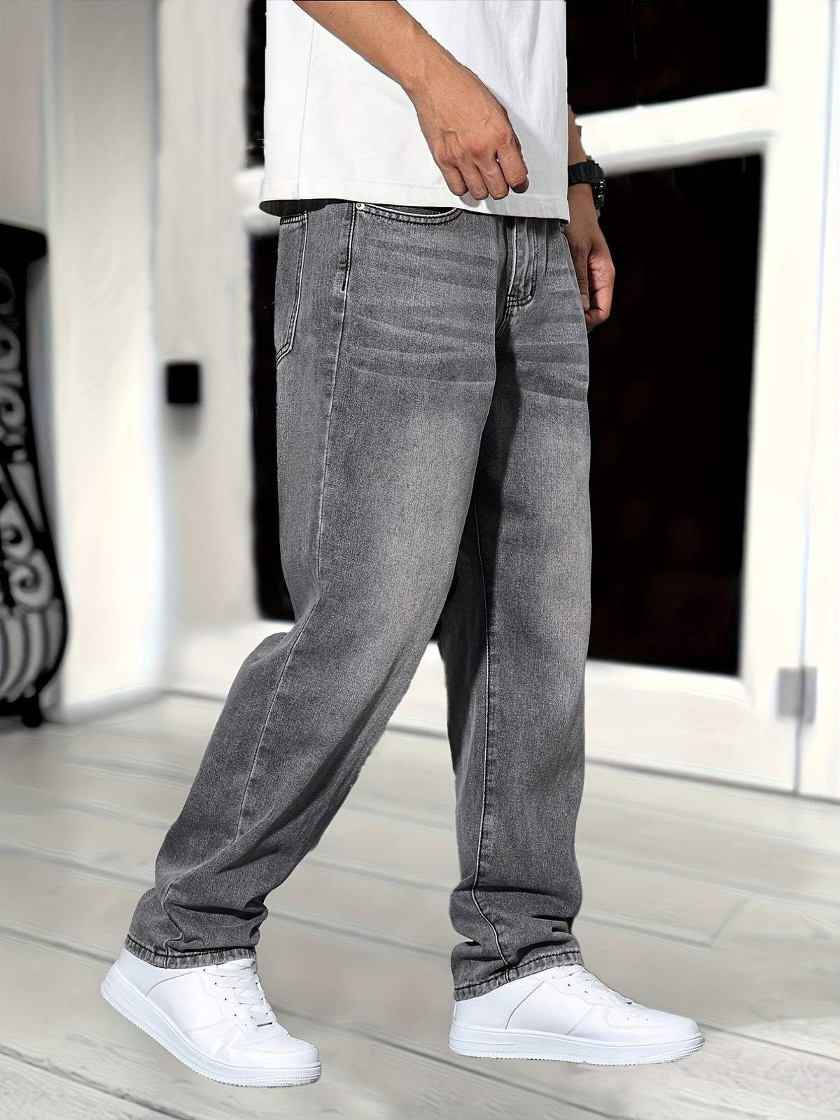 Jeans da uomo a gamba dritta in denim, vestibilità regolare e stile casual - Grigio