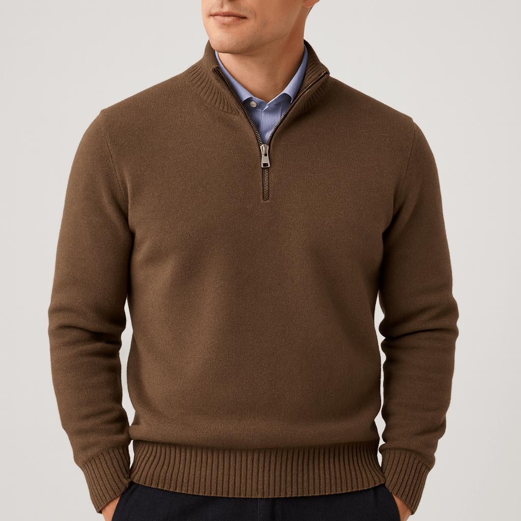 Maglione con zip da uomo a vestibilità comoda, mezza zip, casual da ufficio e tempo libero - Marrone