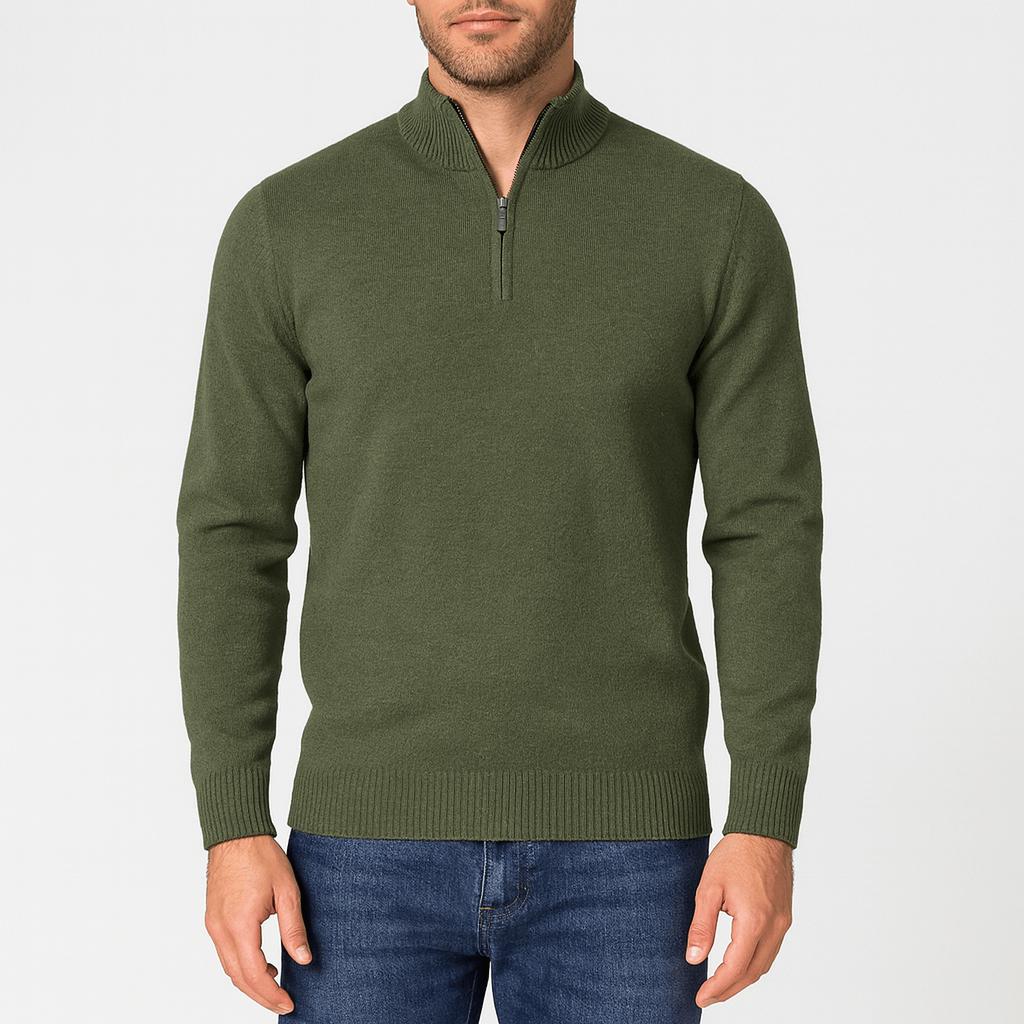 Maglione con zip da uomo a vestibilità comoda, mezza zip, casual da ufficio e tempo libero - Verde scuro