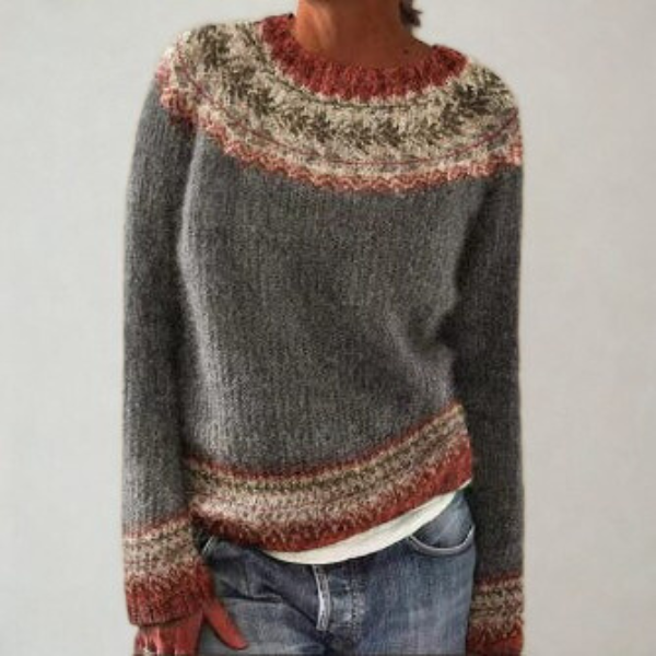 Maglione da donna in maglia con fantasia, girocollo e maniche lunghe, per l'autunno e l'inverno - Grigio