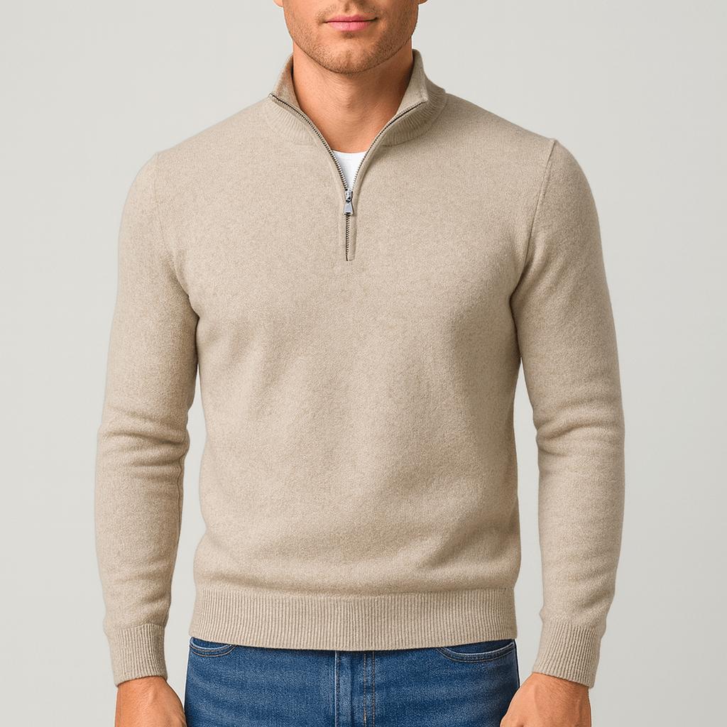 Maglione da uomo in lana merino con mezza zip e collo alto, testurizzato, elegante e casual - Beige