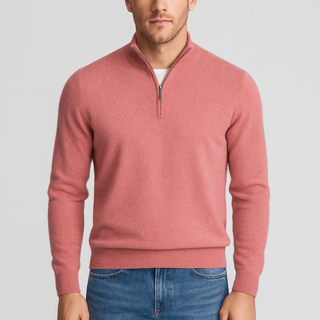Maglione da uomo in lana merino con mezza zip e collo alto, testurizzato, elegante e casual - Rosa