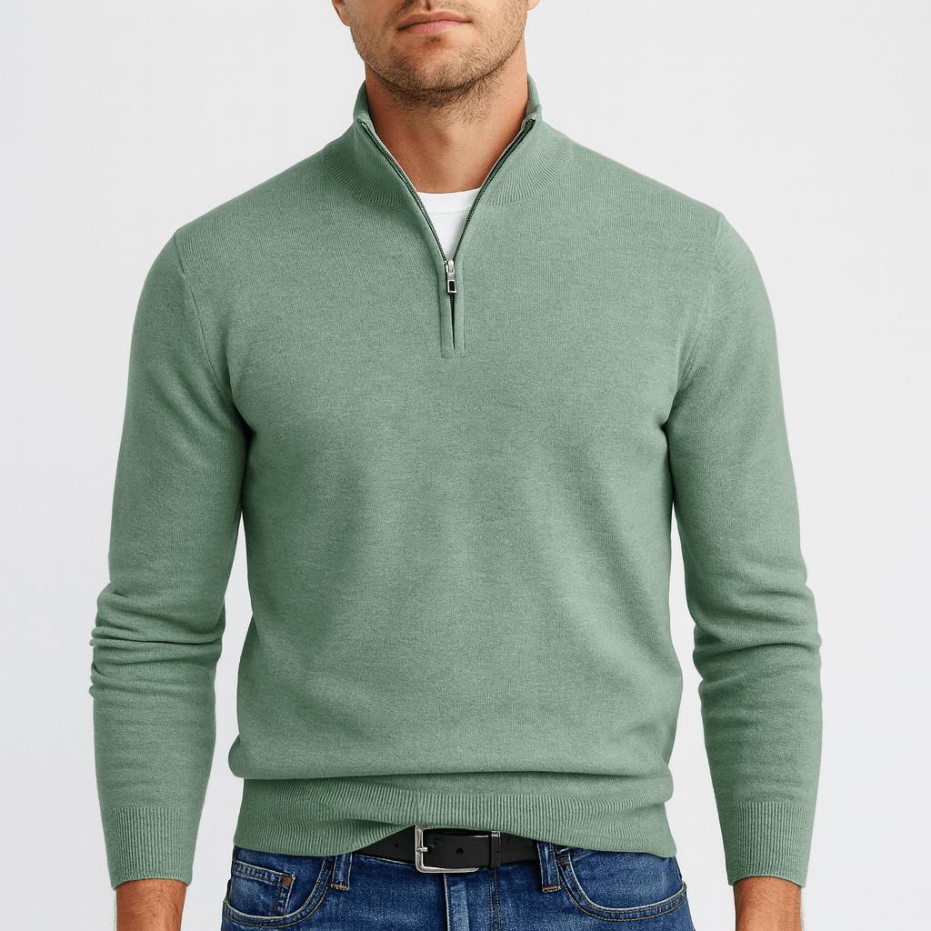 Maglione da uomo in lana merino con mezza zip e collo alto, testurizzato, elegante e casual - Verde
