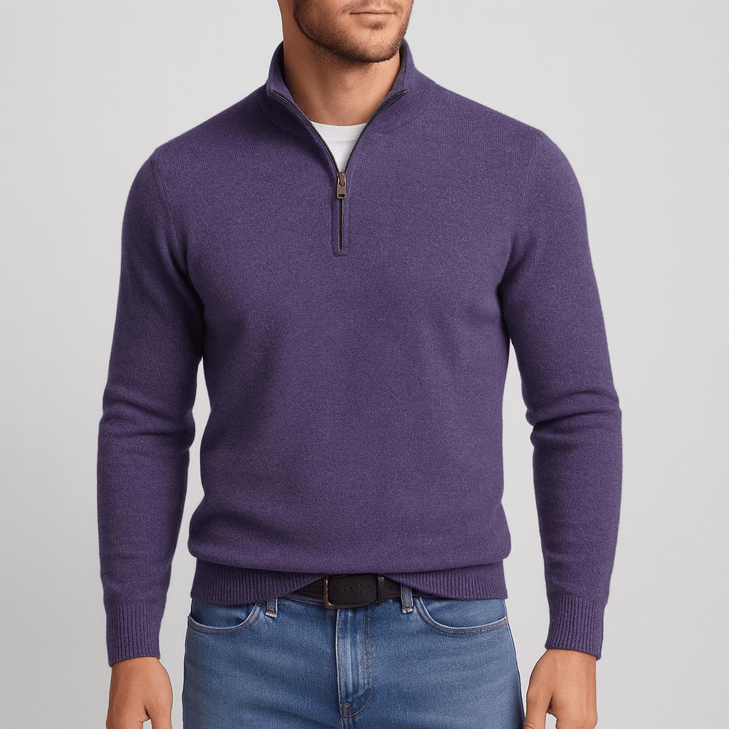 Maglione da uomo in lana merino con mezza zip e collo alto, testurizzato, elegante e casual - Viola
