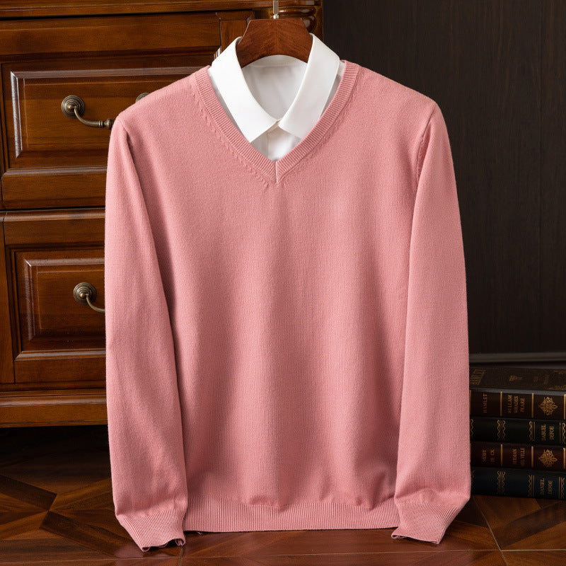 Maglione da uomo in misto cashmere con scollo a V, elegante per l'ufficio e il tempo libero - Rosa