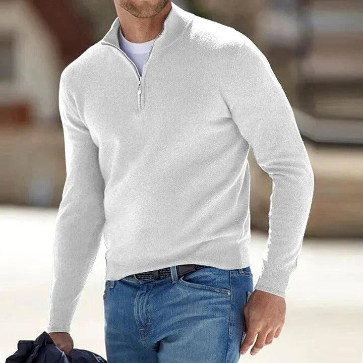 Maglione di cashmere da uomo con mezza zip e collo alto, a manica lunga per l'inverno - Bianco