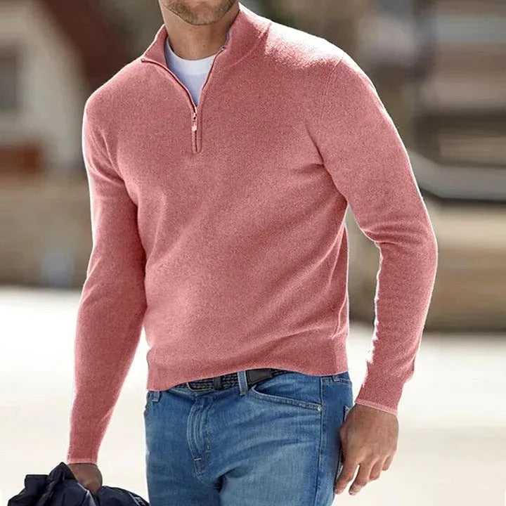 Maglione di cashmere da uomo con mezza zip e collo alto, a manica lunga per l'inverno - Rosa