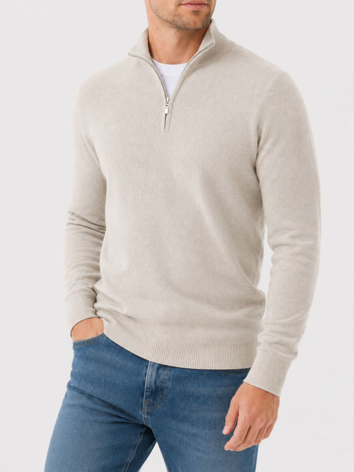 Maglione invernale di lana merino da uomo con mezza zip e collo alto, casual - foto 9