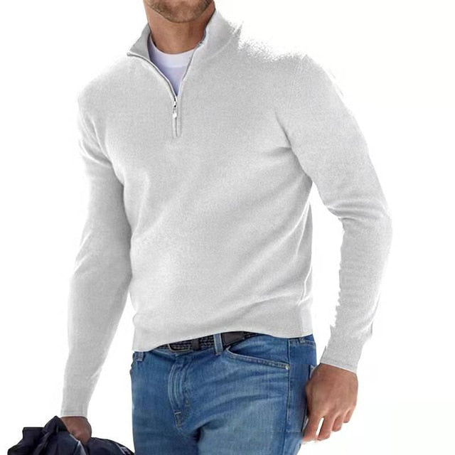 Maglione invernale di lana merino da uomo con mezza zip e collo alto, casual - Bianco