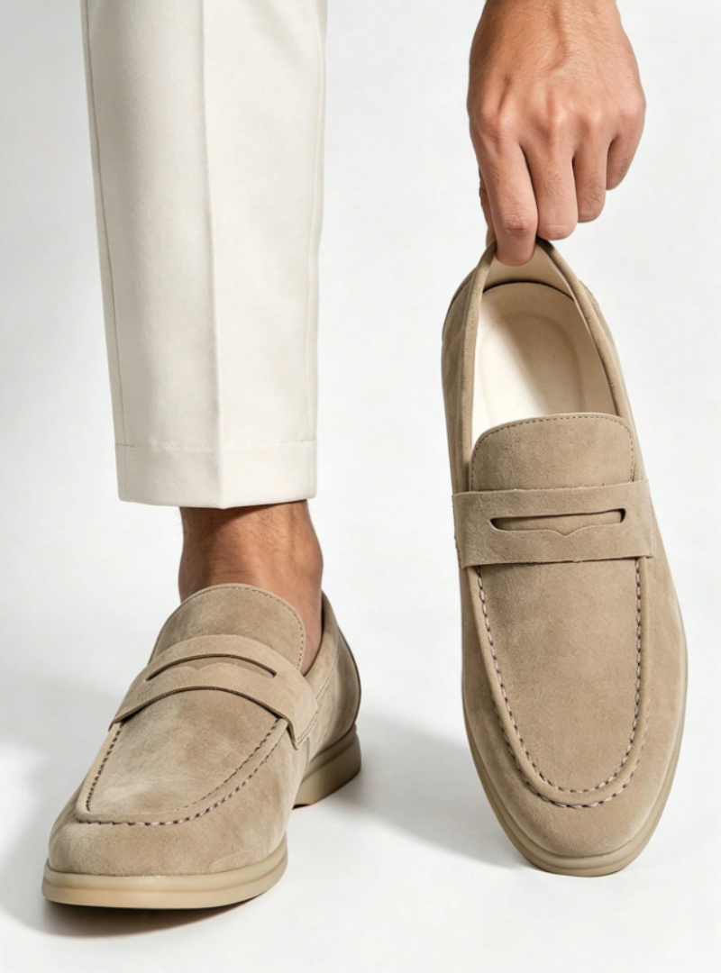 Mocassini da uomo in camoscio, slip on, eleganti da giorno e da cerimonia - Beige