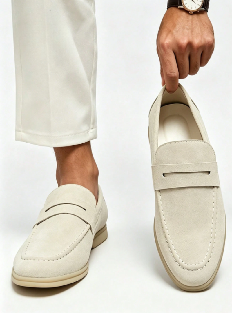 Mocassini da uomo in camoscio, slip on, eleganti da giorno e da cerimonia - Bianco