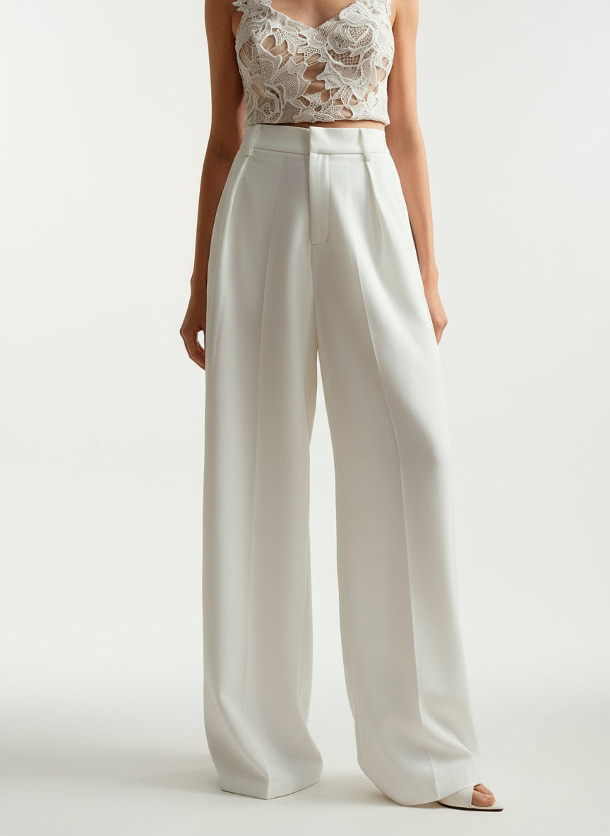 Pantaloni palazzo donna a vita alta, sartoriali ed eleganti, per ufficio e cerimonia - Bianco