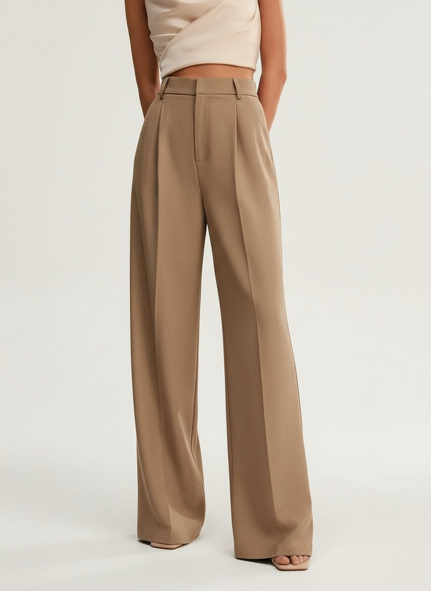Pantaloni palazzo donna a vita alta, sartoriali ed eleganti, per ufficio e cerimonia - Cammello