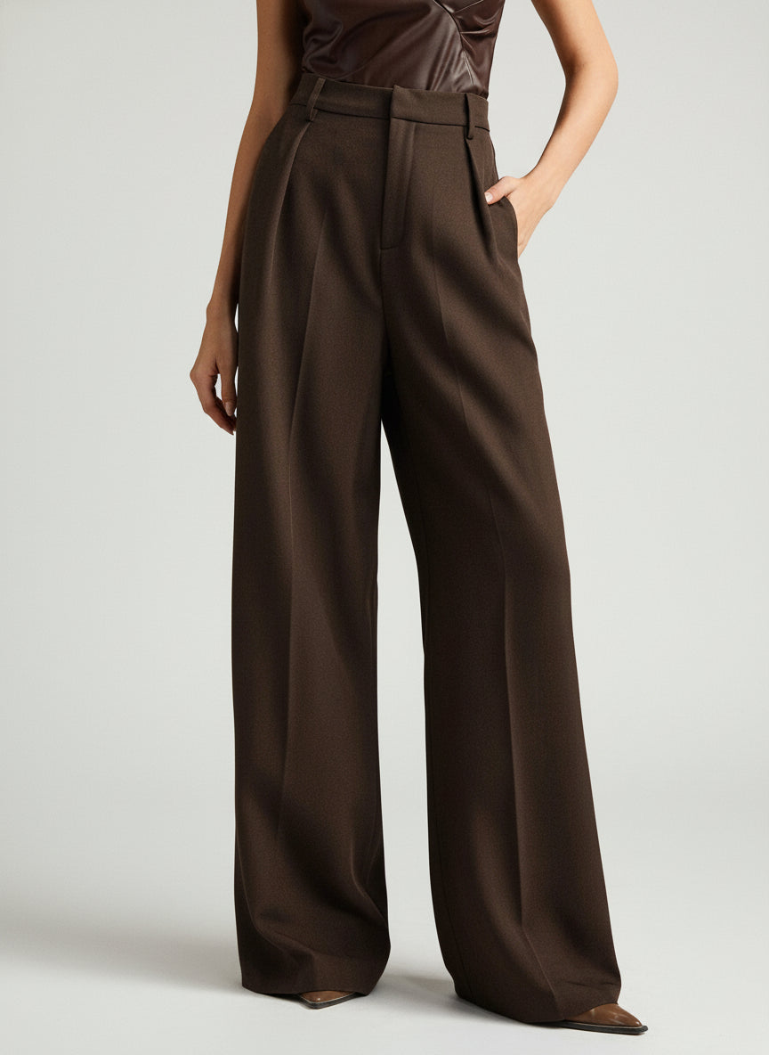 Pantaloni palazzo donna a vita alta, sartoriali ed eleganti, per ufficio e cerimonia - Marrone