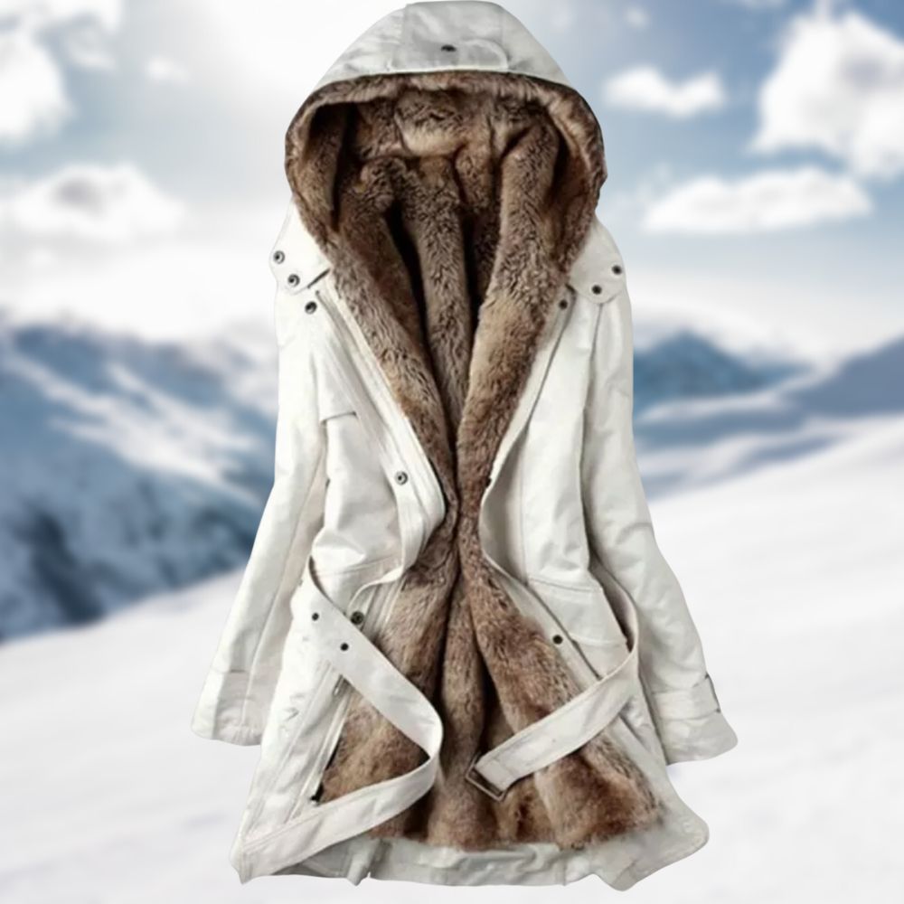 Parka invernale da donna con cappuccio e cintura, foderato in pelo sintetico, mezza lunghezza - Beige chiaro