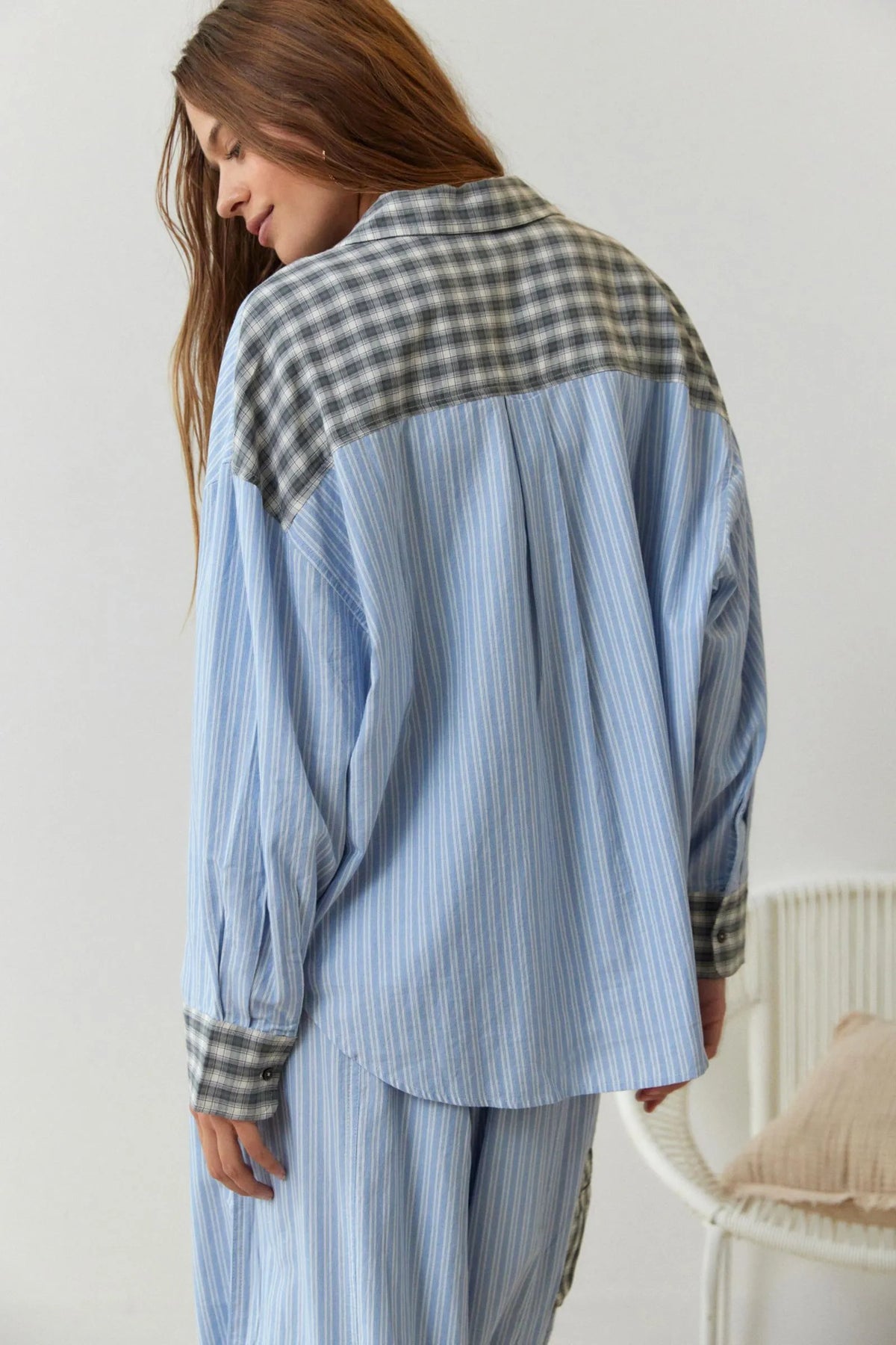 Pigiama donna in cotone a due pezzi, camicia oversize a quadri e righe con pantaloni lunghi, per l'autunno - view 3