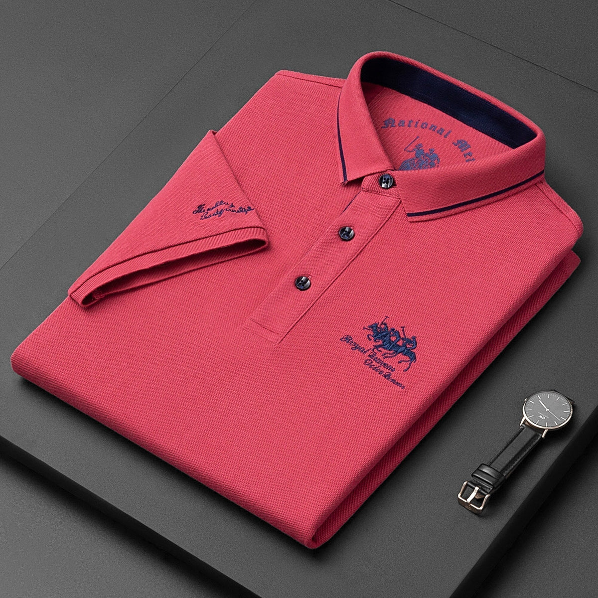 Polo da uomo a manica corta in misto cotone con colletto classico, vestibilità regolare - Rosso