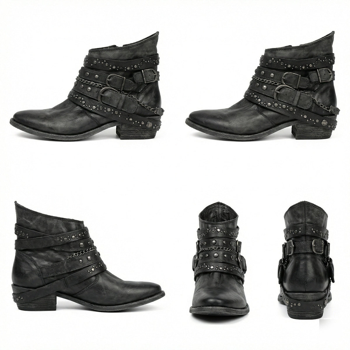 Stivaletti biker da donna con borchie e fibbie, tacco basso in stile vintage - view 16