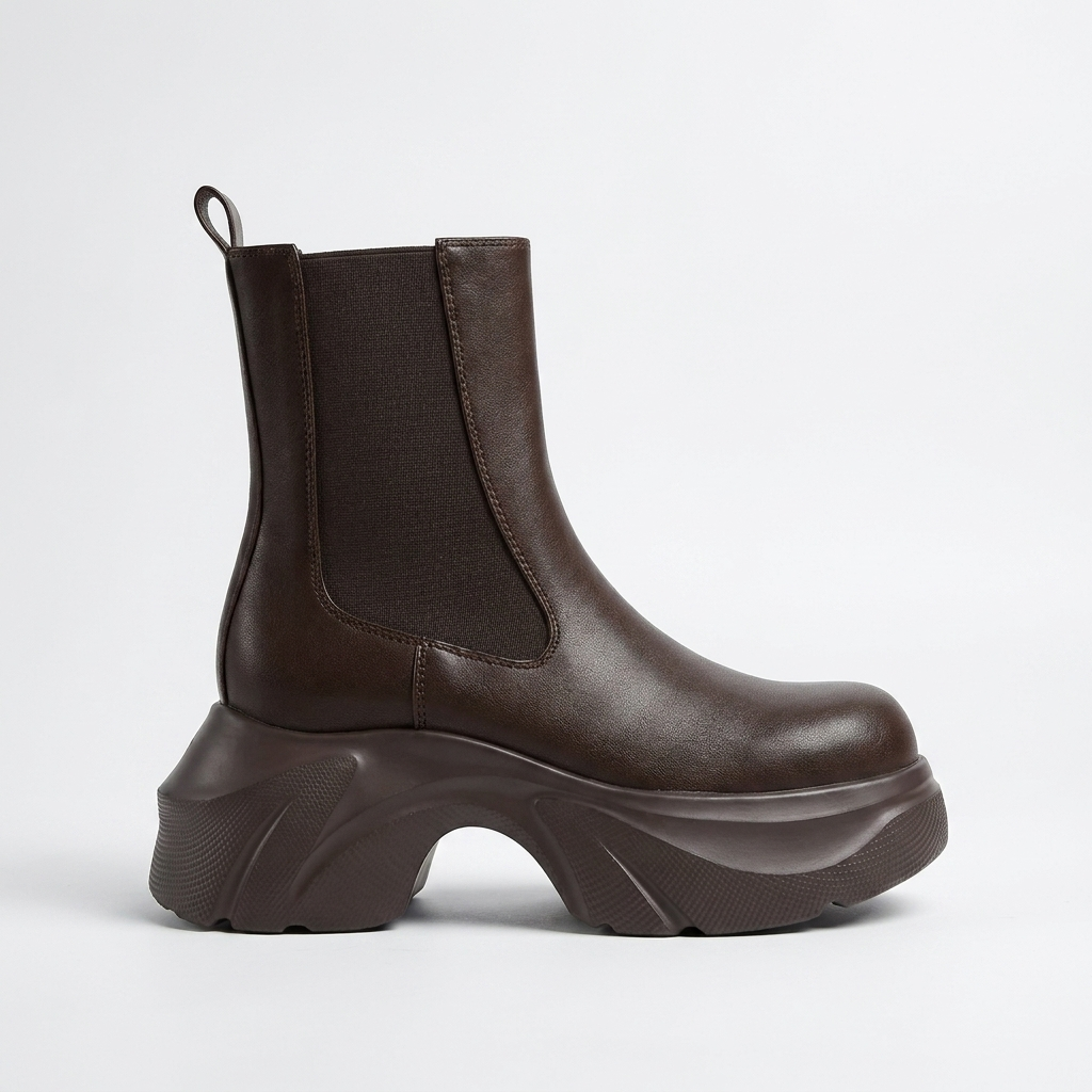 Stivaletti chelsea da donna con plateau in similpelle, per autunno e inverno - Marrone