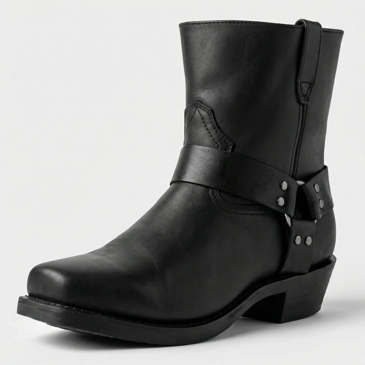 Stivaletti da uomo in pelle, stile western con cinturino e tacco, senza lacci - Nero