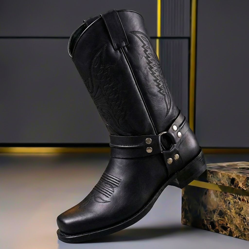 Stivali texani da uomo in pelle con fibbia e tacco basso, stile western per l'inverno - stivali cowboy uomo - Nero Ossidiana