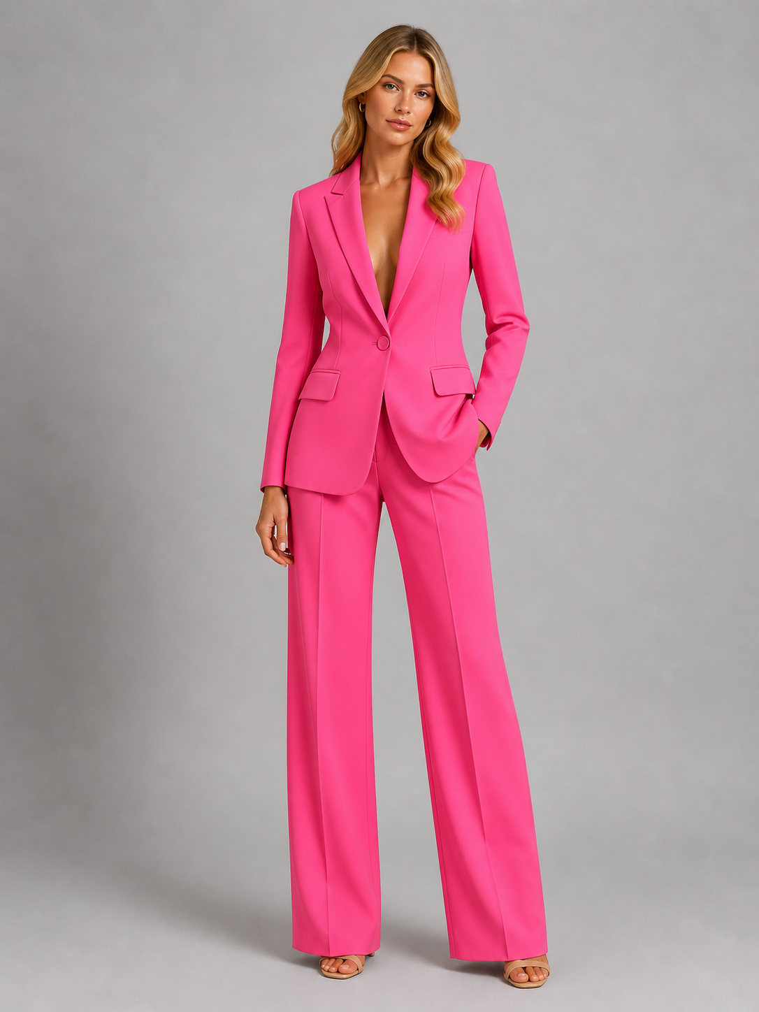 Tailleur pantalone da donna elegante con blazer e pantaloni a palazzo, per cerimonia, matrimonio e ufficio - Rosa