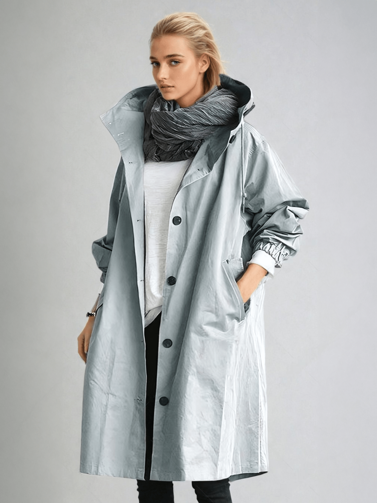 Trench da donna con cappuccio, vestibilità oversize e taglio lungo, soprabito per mezza stagione - Azzurro