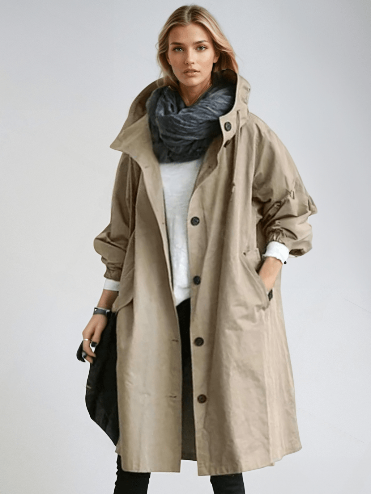 Trench da donna con cappuccio, vestibilità oversize e taglio lungo, soprabito per mezza stagione - Marrone
