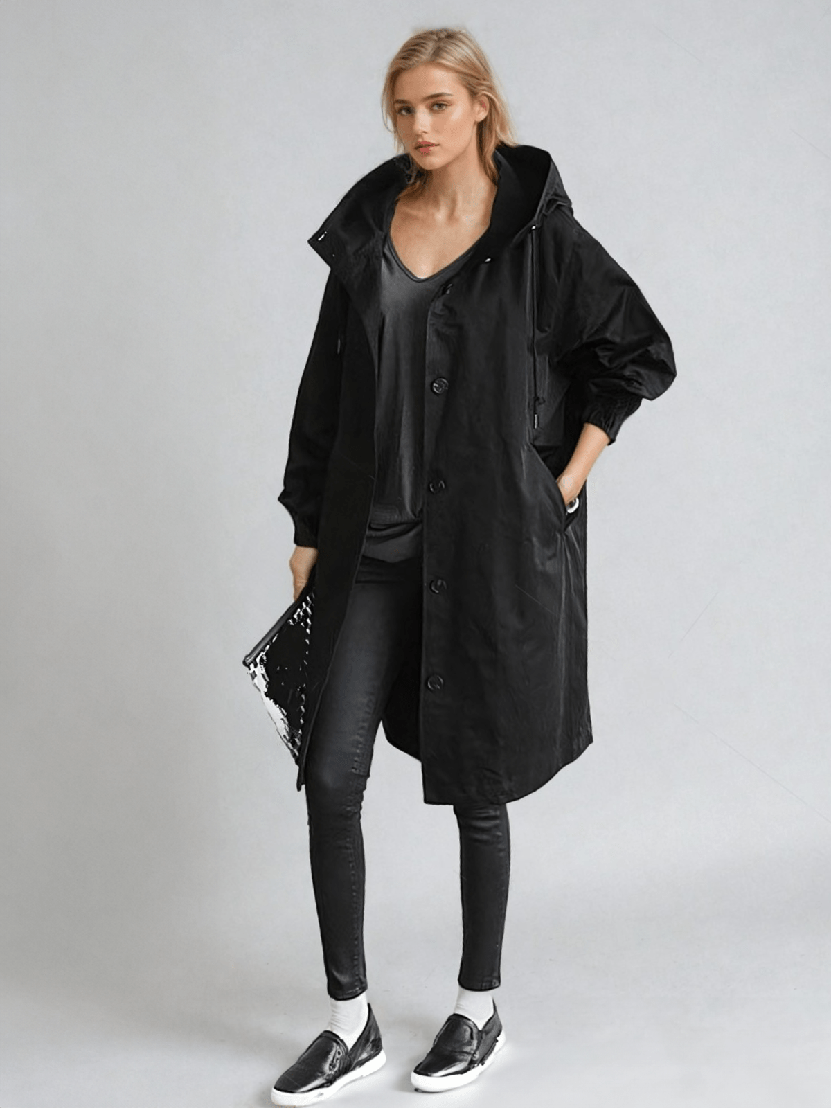 Trench da donna con cappuccio, vestibilità oversize e taglio lungo, soprabito per mezza stagione - Nero