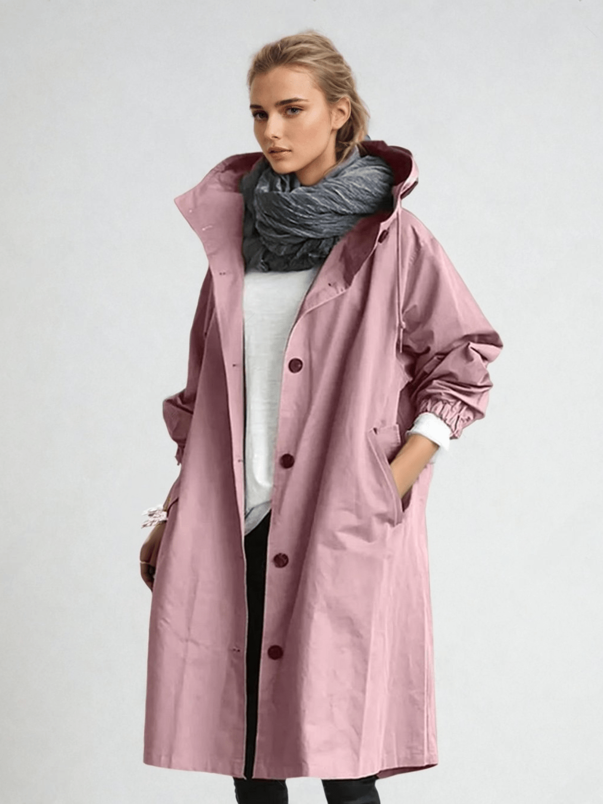 Trench da donna con cappuccio, vestibilità oversize e taglio lungo, soprabito per mezza stagione - Rosa