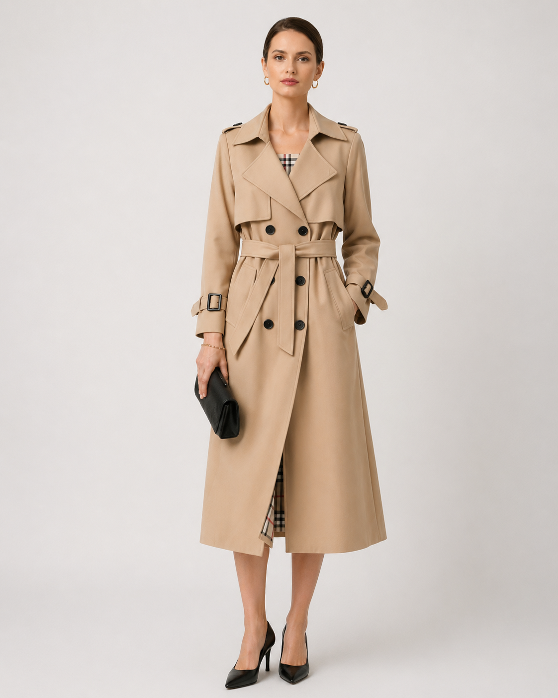 Trench da donna lungo con cintura regolabile e taglio sartoriale, elegante per ufficio e città - view 4