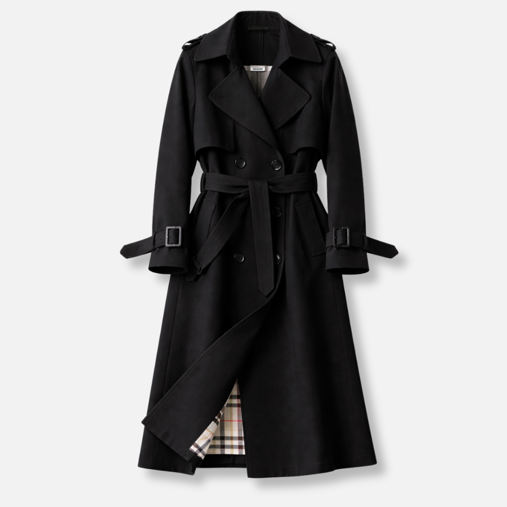 Trench da donna lungo con cintura regolabile e taglio sartoriale, elegante per ufficio e città - Nero