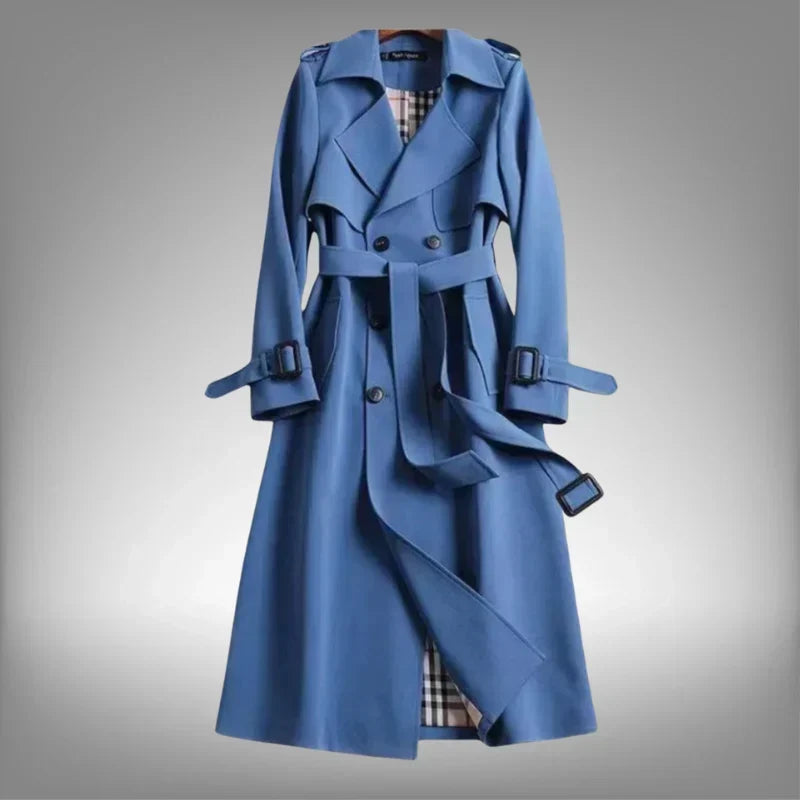 Trench da donna lungo doppiopetto con cintura, elegante per l'ufficio e tutti i giorni - Blu