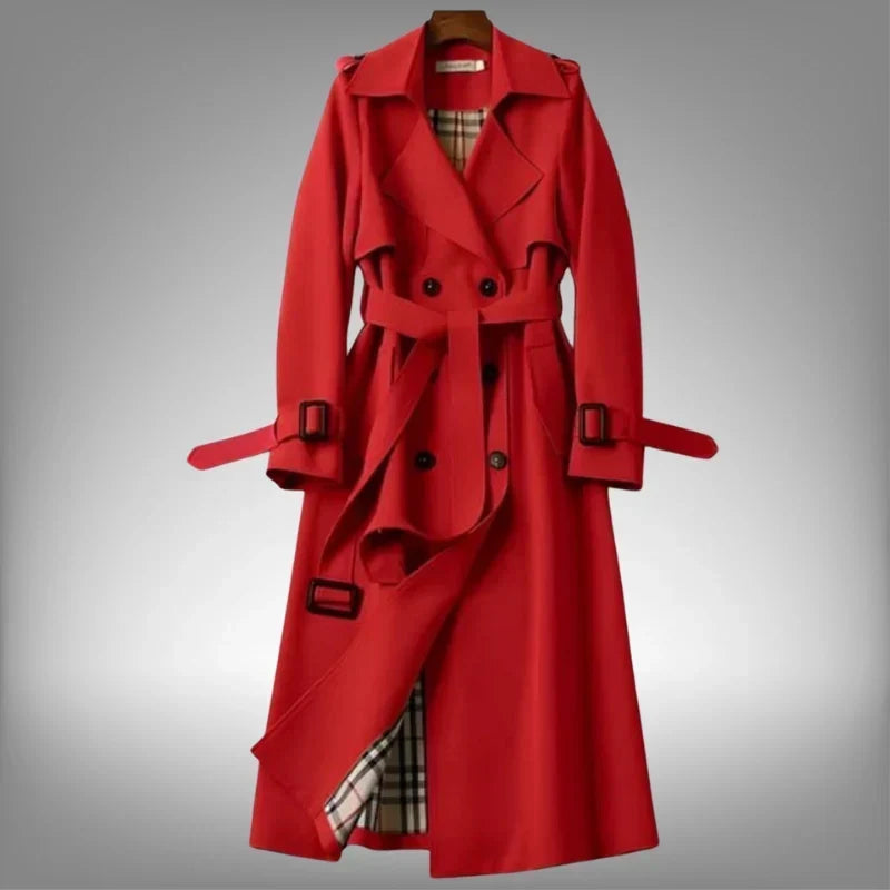 Trench da donna lungo doppiopetto con cintura, elegante per l'ufficio e tutti i giorni - Rosso