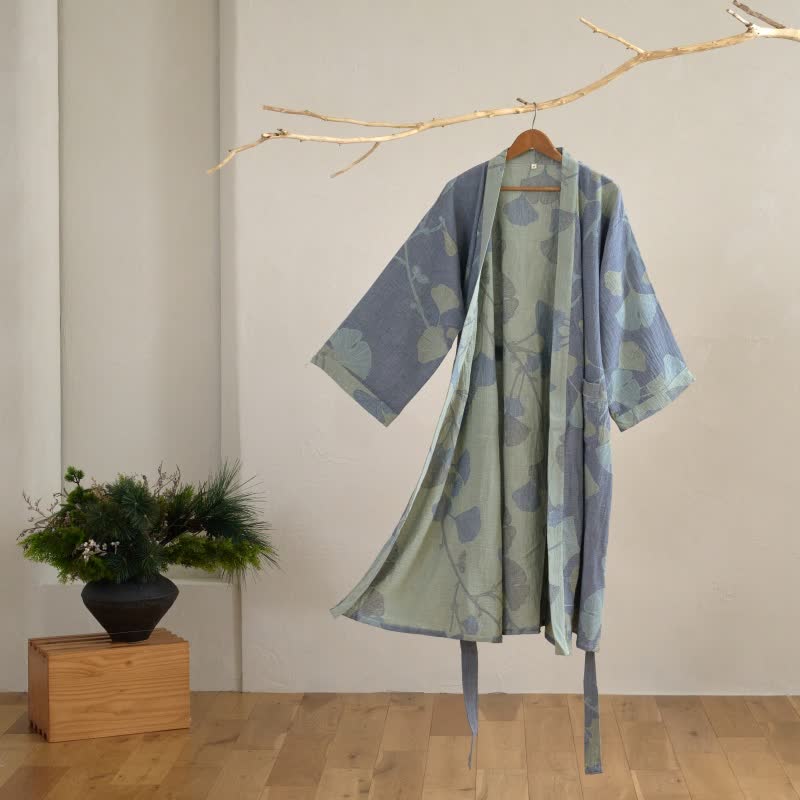 Vestaglia kimono da donna in cotone con foglie di ginkgo - foto 1