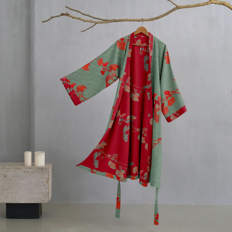 Vestaglia kimono da donna in cotone con foglie di ginkgo - foto 11