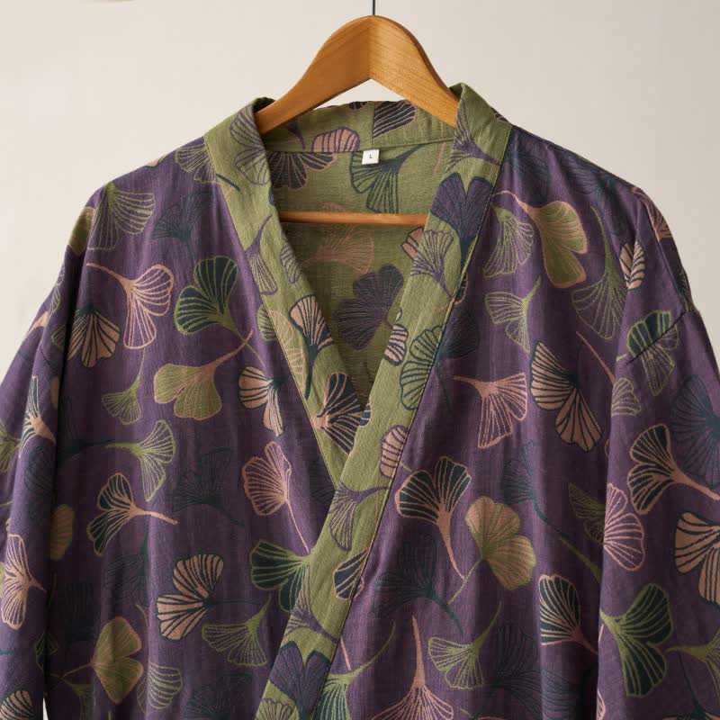 Vestaglia kimono in cotone con fantasia ginkgo biloba, lunga per casa e relax - foto 18